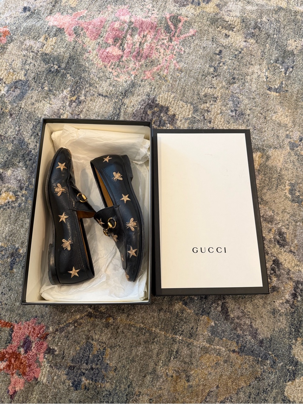Gucci Black Leather Loafers with Gold Bee & Star Embroidery